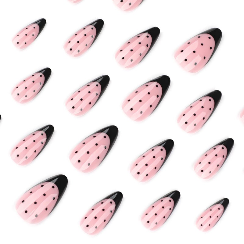 CTTHNBD Black French Tip Press on Nails Almond - Medium Fake Nails with Spot Design - Glossy Full Cover Stick on False Nails - for Women 24 Pcs - Image 3